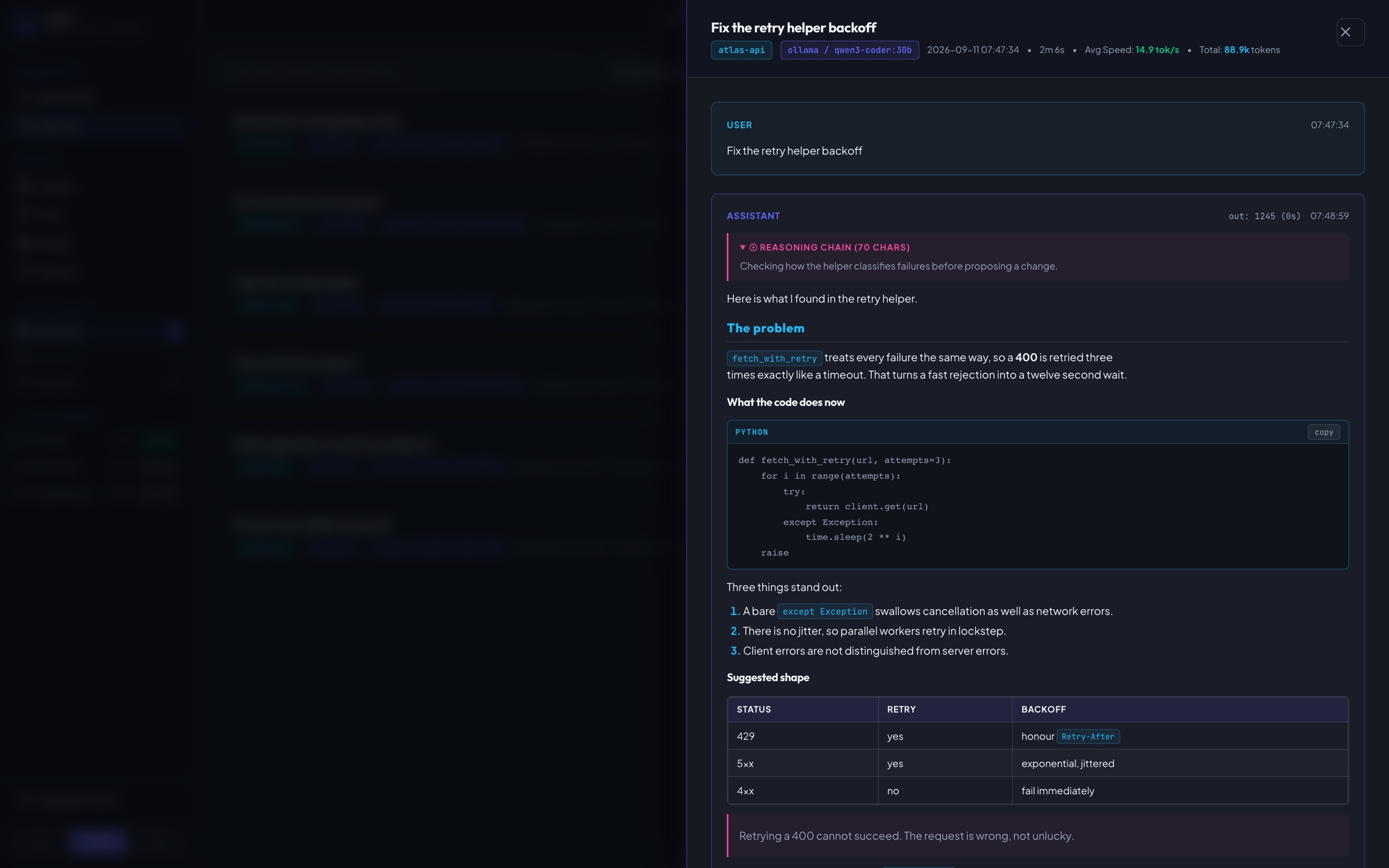 A session opened, showing the conversation with formatted code, a table and a tool call